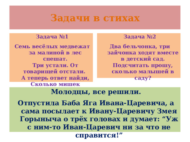 Задачи в стихах Задача №1 Задача №2 Семь весёлых медвежат за малиной в лес спешат.  Три устали. От товарищей отстали.  А теперь ответ найди,  Сколько мишек впереди? Два бельчонка, три зайчонка ходят вместе в детский сад. Подсчитать прошу, сколько малышей в саду? Молодцы, все решили. Отпустила Баба Яга Ивана-Царевича, а сама посылает к Ивану-Царевичу Змея Горыныча о трёх головах и думает: “Уж с ним-то Иван-Царевич ни за что не справится!” 