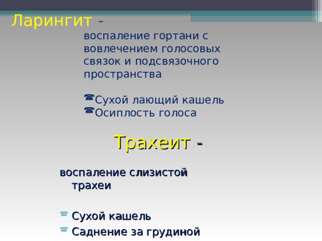 Ларингит - воспаление гортани с вовлечением голосовых связок и подсвязочного пространства Сухой лающий кашель Осиплость голоса Трахеит - воспаление слизистой трахеи Сухой кашель Саднение за грудиной 