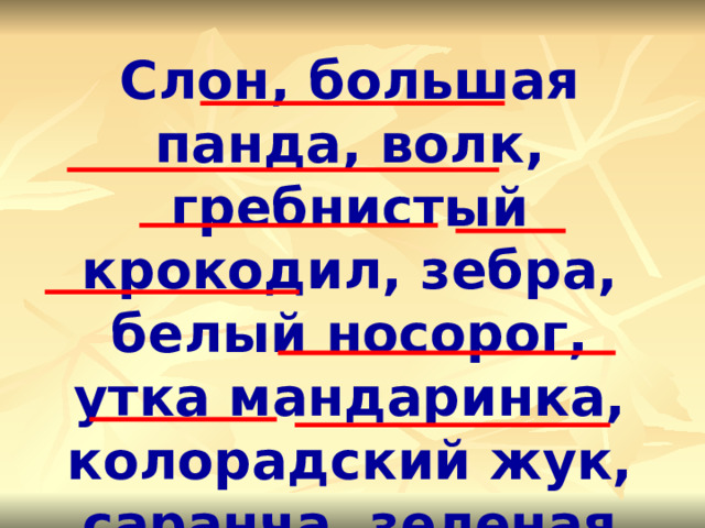 Слон, большая панда, волк, гребнистый крокодил, зебра, белый носорог, утка мандаринка, колорадский жук, саранча, зеленая морская черепаха, амурский тигр. 