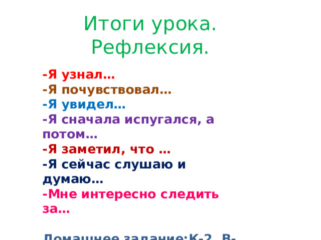 Итоги урока. Рефлексия.   -Я узнал… -Я почувствовал… -Я увидел… -Я сначала испугался, а потом… -Я заметил, что … -Я сейчас слушаю и думаю… -Мне интересно следить за…  Домашнее задание:К-2, В-4 