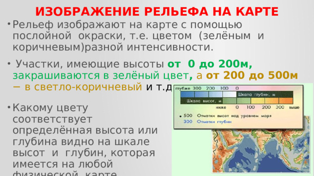 изображение рельефа на карте Рельеф изображают на карте с помощью послойной окраски, т.е. цветом (зелёным и коричневым)разной интенсивности.  Участки, имеющие высоты от 0 до 200м, закрашиваются в зелёный цвет ,  а от 200 до 500м − в светло-коричневый и т.д. Какому цвету соответствует определённая высота или глубина видно на шкале высот и глубин, которая имеется на любой физической карте. 