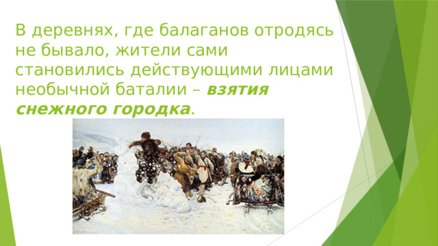 В деревнях, где балаганов отродясь не бывало, жители сами становились действующими лицами необычной баталии – взятия снежного городка . 