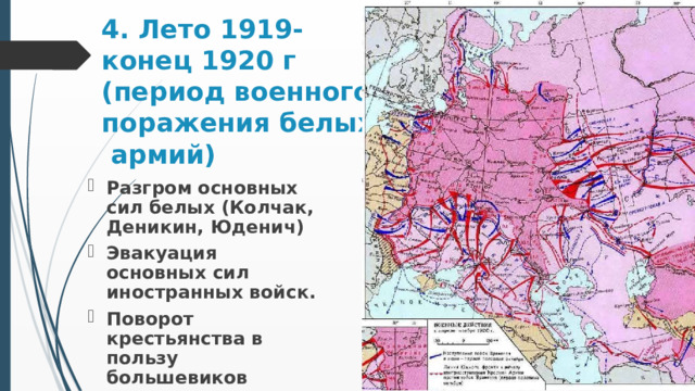 4. Лето 1919-  конец 1920 г  (период военного  поражения белых  армий) Разгром основных сил белых (Колчак, Деникин, Юденич) Эвакуация основных сил иностранных войск. Поворот крестьянства в пользу большевиков 