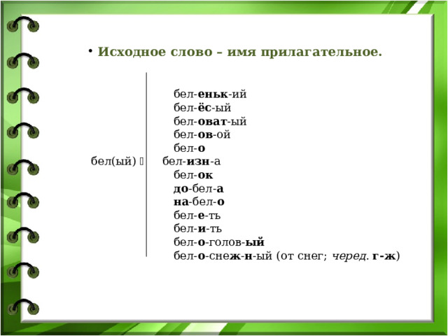  Исходное слово – имя прилагательное.   бел- еньк -ий  бел- ёс -ый  бел- оват -ый  бел- ов -ой  бел- о  бел(ый)  бел- изн -а  бел- ок  до -бел- а  на -бел- о  бел- е -ть  бел- и -ть  бел- о -голов- ый  бел- о -сне ж - н -ый (от снег; черед . г-ж ) 