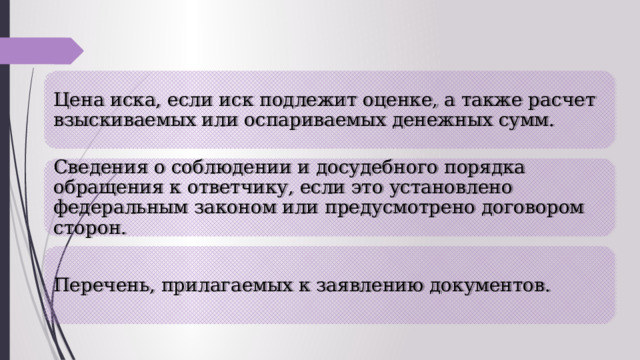 Цена иска, если иск подлежит оценке, а также расчет взыскиваемых или оспариваемых денежных сумм. Сведения о соблюдении и досудебного порядка обращения к ответчику, если это установлено федеральным законом или предусмотрено договором сторон. Перечень, прилагаемых к заявлению документов. 