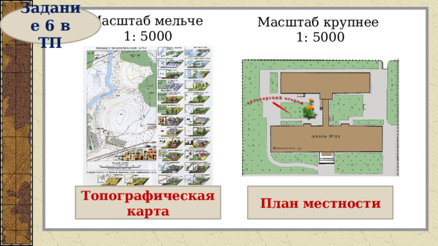 Задание 6 в ТП Масштаб мельче 1: 5000 Масштаб крупнее 1: 5000 Топографическая карта План местности 