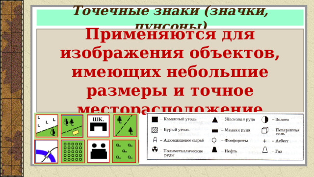 Точечные знаки (значки, пунсоны) Применяются для изображения объектов, имеющих небольшие размеры и точное месторасположение 