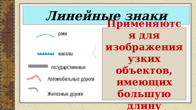 Линейные знаки Применяются для изображения узких объектов, имеющих большую длину 