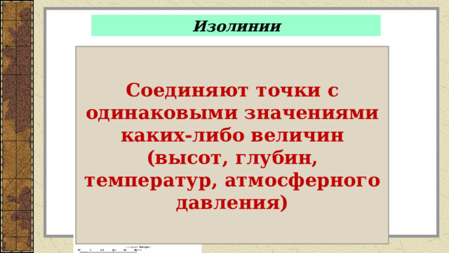 Изолинии Изотермы Соединяют точки с одинаковыми значениями каких-либо величин (высот, глубин, температур, атмосферного давления) Изобары Горизонтали(изогипсы) 