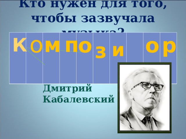 Кто нужен для того, чтобы зазвучала музыка? о м п К    о  з  и  т о р Дмитрий Кабалевский 