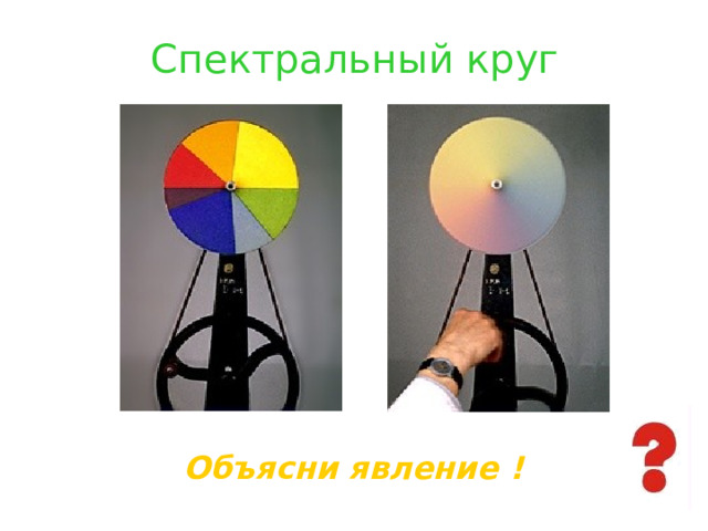 Спектральный круг  Ответьте на вопрос. Предложение сделать дома наглядное пособие. Объясни явление !  