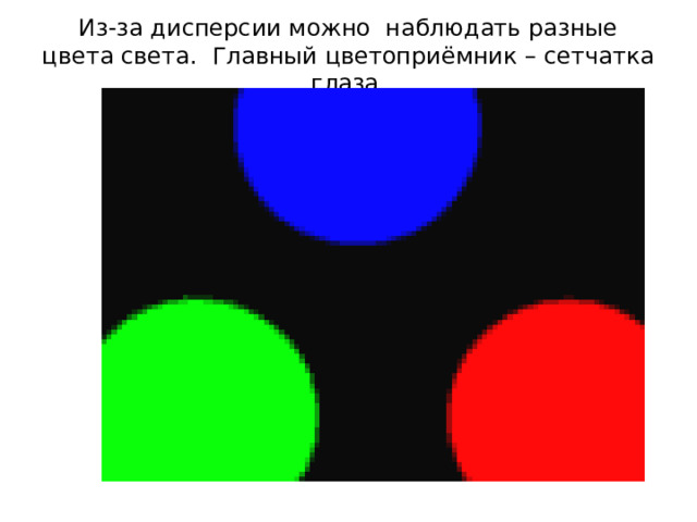 Из-за дисперсии можно наблюдать разные цвета света. Главный цветоприёмник – сетчатка глаза. 