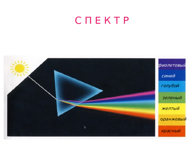 С П Е К Т Р   spectrum (лат.) - видение.  фиолетовый синий голубой  Вводим определение спектра, рассматриваем основные цвета и порядок их расположения в спектре зеленый желтый о ранжевый красный  