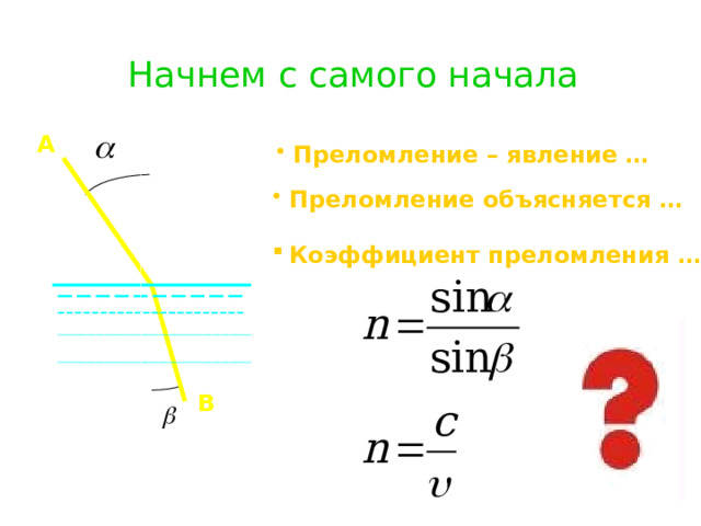 Начнем с самого начала А Преломление – явление … Преломление объясняется … Коэффициент преломления …  О  Повторение пройденного, ответы на вопросы. В 8 