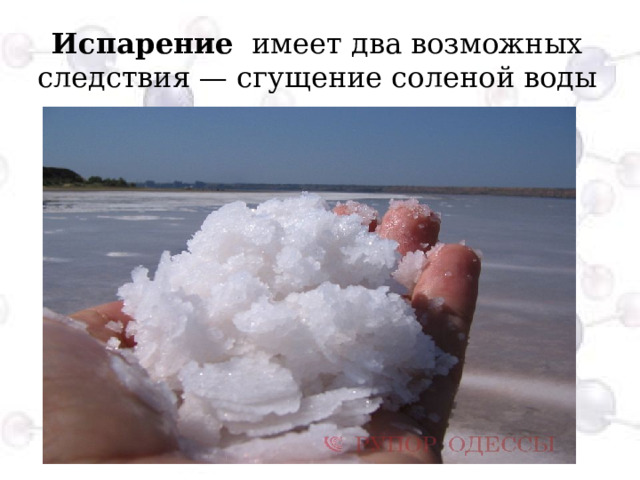 Испарение   имеет два возможных следствия — сгущение соленой воды и иссушение земли.  Испарение, то есть переход твердых или жидких веществ в газообразное состояние зависит от летучести вещества. А упрощенно говоря, летучесть, в свою очередь, зависит от температуры кипения - чем температура кипения выше, тем ниже летучесть. Соляной раствор - это смесь молекул воды и соли. Вода кипит при 100°С, а чтобы закипела поваренная соль, ее придется сперва превратить в жидкость, нагрев до 800,8°С, а затем раскалить полученный расплав еще до 1465°С. Как видишь, соль гораздо менее летучее вещество, чем вода, поэтому она и остается на дне. Правда, соль будет испаряться практически вечно...  
