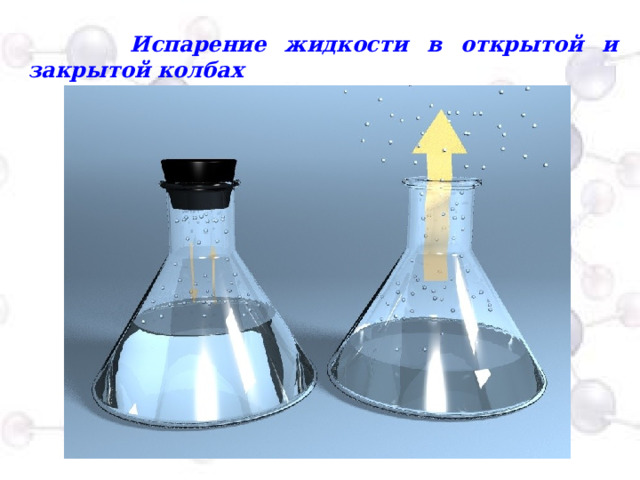  Испарение жидкости в открытой и закрытой колбах Ветер. Процесс испарения окажется намного быстрее, если над ёмкостью, в которой находится вода, движется воздух. Чем быстрее он это делает, тем скорость испарения больше. Нельзя не учитывать взаимодействие ветра с испарением и конденсацией. Молекулы воды, поднимаясь с океанической поверхности, частично возвращаются назад, но большая часть высоко в небе конденсируется и образует облака, которые ветер перегоняет на сушу, где капли выпадают в виде дождя и, проникнув в грунт, через какое-то время возвращаются в океан, снабжая растущую в почве растительность влагой и растворёнными минеральными веществами.  