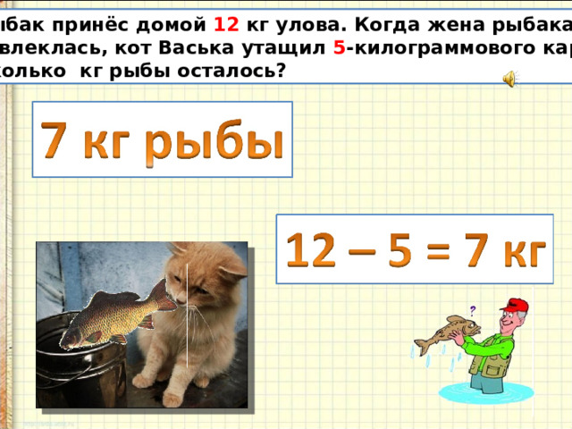 Рыбак принёс домой 12 кг улова. Когда жена рыбака отвлеклась, кот Васька утащил 5 -килограммового карпа Сколько кг рыбы осталось? 