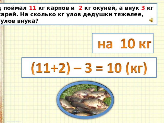  Дед поймал 11 кг карпов и 2 кг окуней, а внук 3 кг пескарей. На сколько кг улов дедушки тяжелее, чем улов внука? 