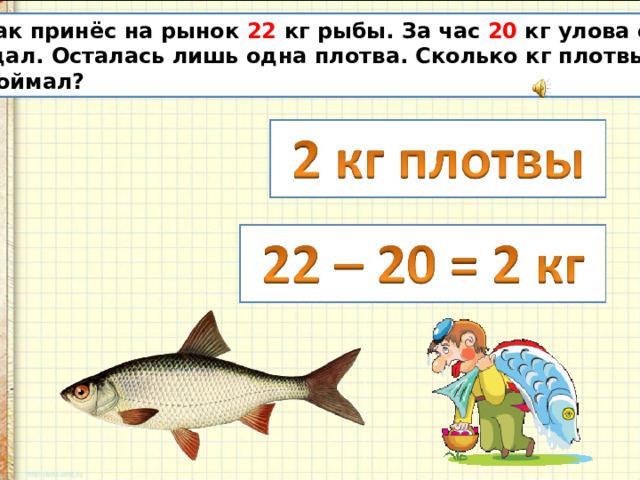 Рыбак принёс на рынок 22 кг рыбы. За час 20 кг улова он продал. Осталась лишь одна плотва. Сколько кг плотвы он поймал? 