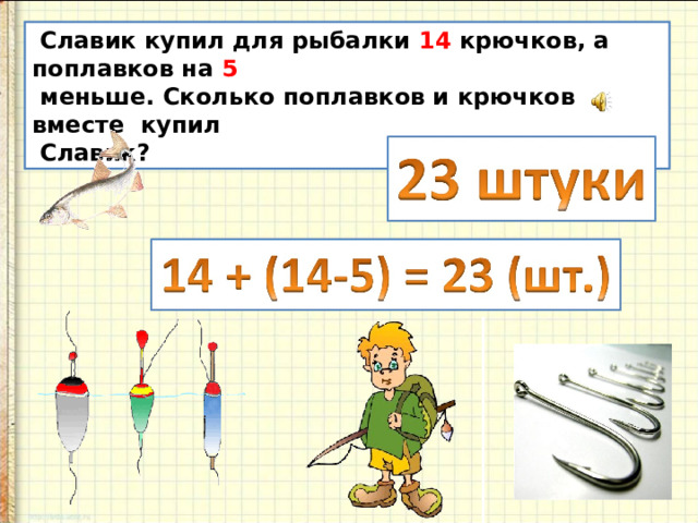  Славик купил для рыбалки 14 крючков, а поплавков на 5  меньше. Сколько поплавков и крючков вместе купил  Славик? 