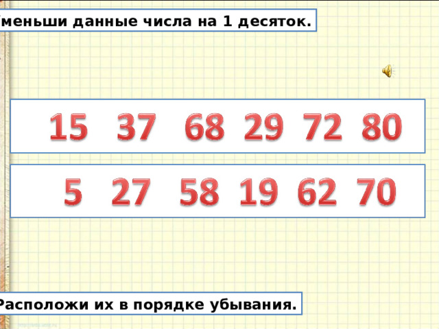 Уменьши данные числа на 1 десяток.  Расположи их в порядке убывания. 