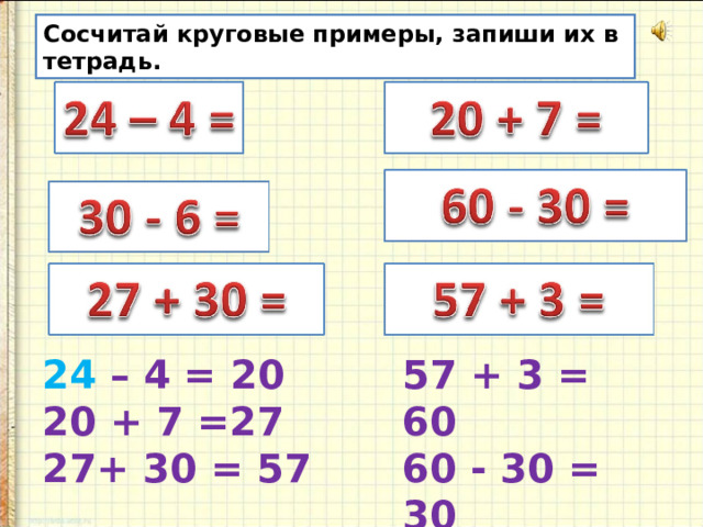 Сосчитай круговые примеры, запиши их в тетрадь. 24 – 4 = 20 57 + 3 = 60 60 - 30 = 30 30 – 6 = 24 20 + 7 =27 27+ 30 = 57 