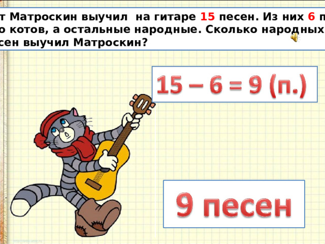 Кот Матроскин выучил на гитаре 15 песен. Из них 6 песен про котов, а остальные народные. Сколько народных песен выучил Матроскин? 