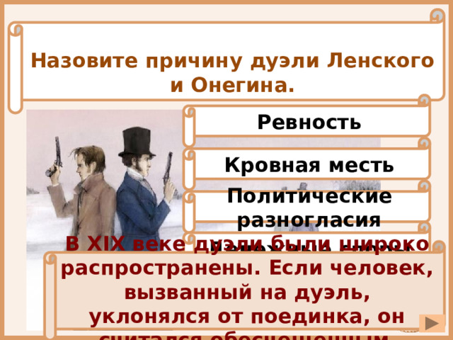 Назовите причину дуэли Ленского и Онегина. Ревность Кровная месть Политические разногласия Денежные споры В XIX веке дуэли были широко распространены. Если человек, вызванный на дуэль, уклонялся от поединка, он считался обесчещенным . 