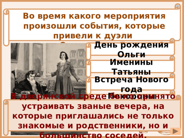 Во время какого мероприятия произошли события, которые привели к дуэли между Онегиным и Ленским? День рождения Ольги Именины Татьяны Встреча Нового года Похороны дядюшки В дворянской среде было принято устраивать званые вечера, на которые приглашались не только знакомые и родственники, но и большинство соседей. 