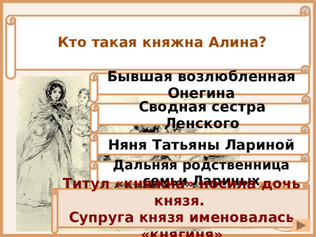 Кто такая княжна Алина? Бывшая возлюбленная Онегина Сводная сестра Ленского Няня Татьяны Лариной Дальняя родственница семьи Лариных Титул «княжна» носила дочь князя. Супруга князя именовалась «княгиня» 