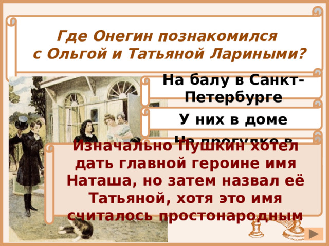 Где Онегин познакомился с Ольгой и Татьяной Лариными? На балу в Санкт-Петербурге У них в доме На прогулке в парке Изначально Пушкин хотел дать главной героине имя Наташа, но затем назвал её Татьяной, хотя это имя считалось простонародным В поезде 