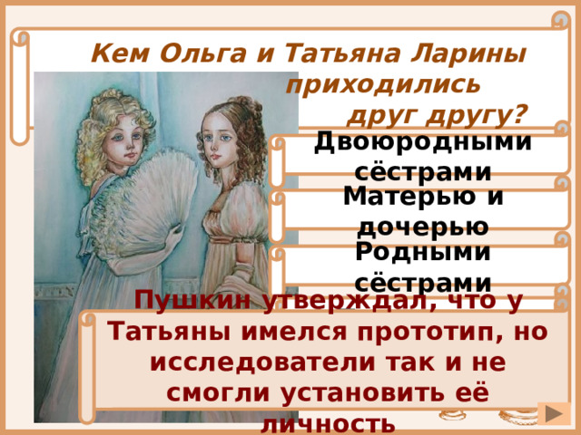 Кем Ольга и Татьяна Ларины приходились друг другу? Двоюродными сёстрами Матерью и дочерью Родными сёстрами Подругами Пушкин утверждал, что у Татьяны имелся прототип, но исследователи так и не смогли установить её личность 