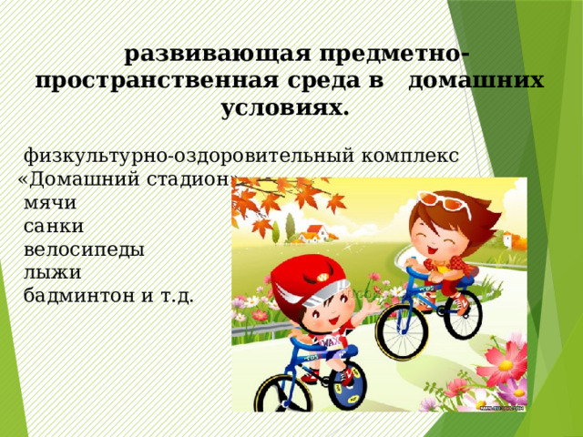  развивающая предметно- пространственная среда в домашних условиях.  физкультурно-оздоровительный комплекс «Домашний стадион»  мячи  санки  велосипеды  лыжи  бадминтон и т.д. 