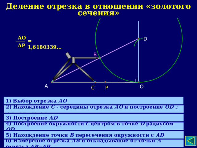 Деление отрезка в отношении «золотого сечения» АО D = 1,6180339… АР В А О Р С 1) Выбор отрезка АО 2) Нахождение С - середины отрезка АО и построение ОD ┴ АО, ОD= ½  АО 3) Построение АD 4) Построение окружности с центром в точке D радиусом ОD  5) Нахождение точки В пересечения окружности с АD 6) Измерение отрезка АВ  и откладывание от точки А отрезка АР=АВ  