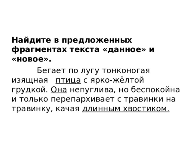 Найдите в предложенных фрагментах текста «данное» и «новое».  Бегает по лугу тонконогая изящная птица с ярко-жёлтой грудкой. Она непуглива, но беспокойна и только перепархивает с травинки на травинку, качая длинным хвостиком.   