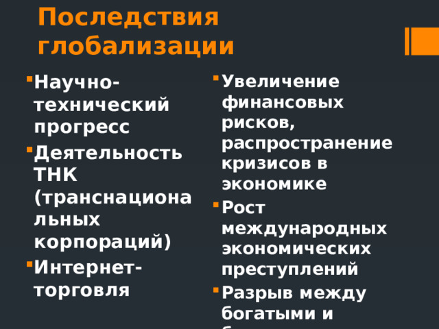 Последствия глобализации Научно-технический прогресс Деятельность ТНК (транснациональных корпораций) Интернет-торговля Увеличение финансовых рисков, распространение кризисов в экономике Рост международных экономических преступлений Разрыв между богатыми и бедными 