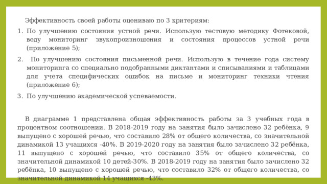    Эффективность своей работы оцениваю по 3 критериям: По улучшению состояния устной речи. Использую тестовую методику Фотековой, веду мониторинг звукопроизношения и состояния процессов устной речи (приложение 5);  По улучшению состояния письменной речи. Использую в течение года систему мониторинга со специально подобранными диктантами и списываниями и таблицами для учета специфических ошибок на письме и мониторинг техники чтения (приложение 6); По улучшению академической успеваемости.  В диаграмме 1 представлена общая эффективность работы за 3 учебных года в процентном соотношении. В 2018-2019 году на занятия было зачислено 32 ребёнка, 9 выпущено с хорошей речью, что составило 28% от общего количества, со значительной динамикой 13 учащихся -40%. В 2019-2020 году на занятия было зачислено 32 ребёнка, 11 выпущено с хорошей речью, что составило 35% от общего количества, со значительной динамикой 10 детей-30%. В 2018-2019 году на занятия было зачислено 32 ребёнка, 10 выпущено с хорошей речью, что составило 32% от общего количества, со значительной динамикой 14 учащихся -43%. 