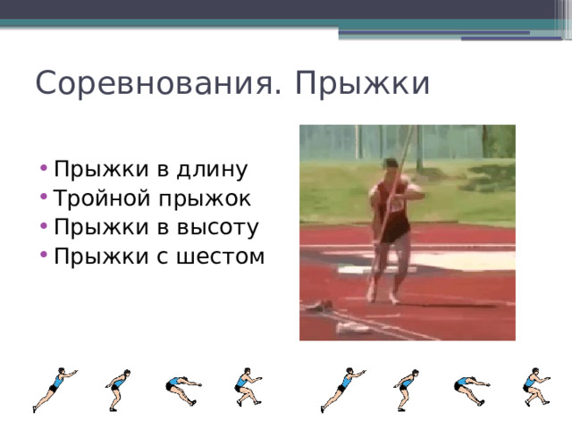 Соревнования. Прыжки Прыжки в длину Тройной прыжок Прыжки в высоту Прыжки с шестом 