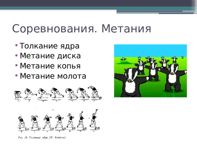 Соревнования. Метания Толкание ядра Метание диска Метание копья Метание молота 