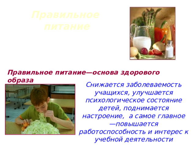 Правильное питание Правильное питание—основа здорового образа  Снижается заболеваемость учащихся, улучшается психологическое состояние детей, поднимается настроение,  а самое главное —повышается работоспособность и интерес к учебной деятельности 