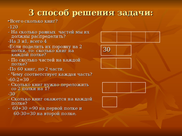 3 способ решения задачи:    - Всего сколько книг?  -120  - На сколько равных частей мы их должны распределить?  -На 3 и1, всего 4  -Если поделить их поровну на 2 полки, то: сколько книг на каждой полке?  - По сколько частей на каждой полке?  -По 60 книг, по 2 части.  - Чему соответствует каждая часть?  -60:2=30  - Сколько книг нужно переложить со 2 полки на 1?  -30  - Сколько книг окажется на каждой полке?  - 60+30 =90 на первой полке и  60-30=30 на второй полке. 30  