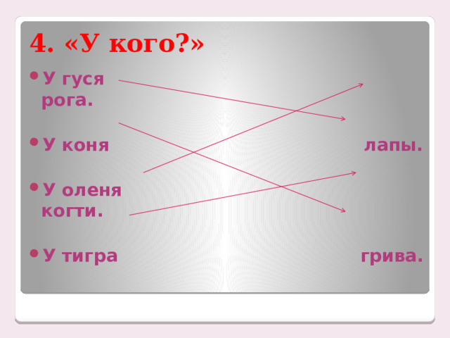 4. «У кого?» У гуся рога.  У коня лапы.  У оленя когти.  У тигра грива.   