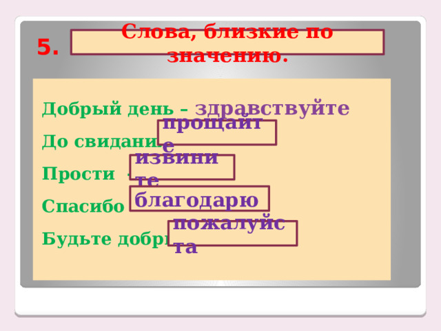 5. Слова, близкие по значению. Добрый день – здравствуйте До свидания - Прости - Спасибо - Будьте добры - прощайте извините благодарю пожалуйста 