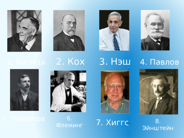 3. Нэш 2. Кох 1. Капица 4. Павлов 5. Резерфорд 6. Флеминг 7. Хиггс 8. Эйнштейн 