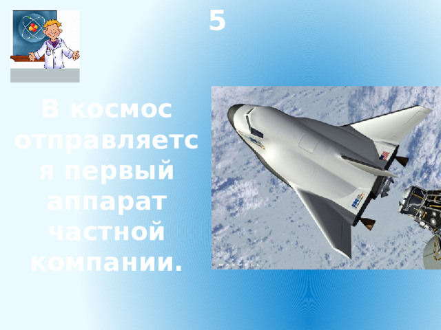 5 В космос отправляется первый аппарат частной компании. 