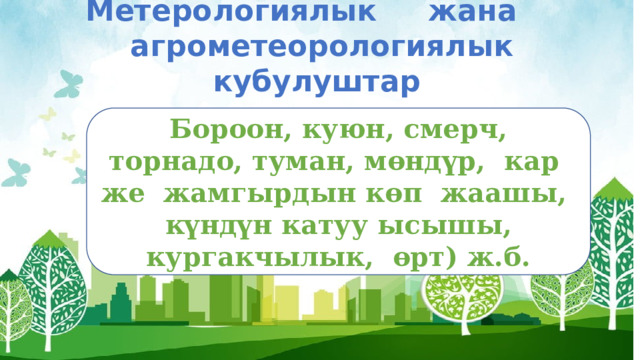 Метерологиялык жана агрометеорологиялык кубулуштар Бороон, куюн, смерч, торнадо, туман, мөндүр, кар же жамгырдын көп жаашы, күндүн катуу ысышы, кургакчылык, өрт) ж.б. 