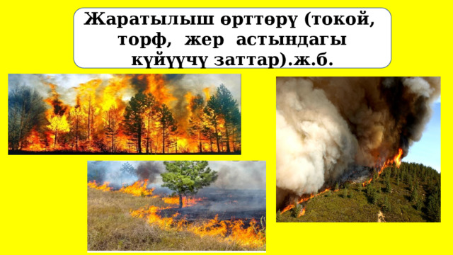 Жаратылыш өрттөрү (токой, торф, жер астындагы күйүүчү заттар).ж.б. 