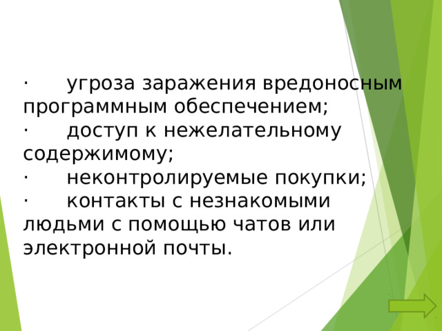 · угроза заражения вредоносным программным обеспечением; · доступ к нежелательному содержимому; · неконтролируемые покупки; · контакты с незнакомыми людьми с помощью чатов или электронной почты. 