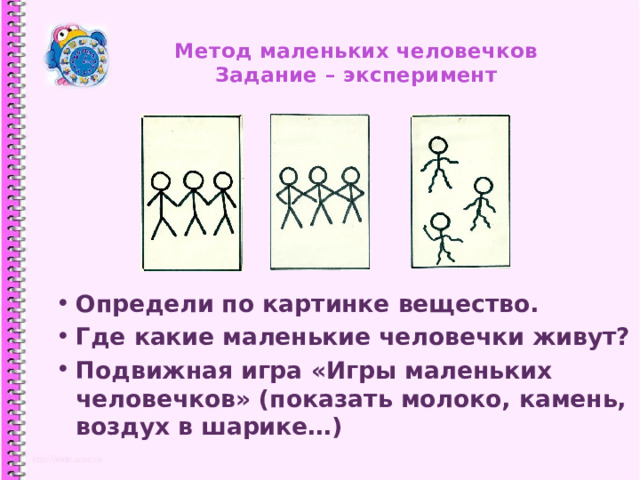 Метод маленьких человечков  Задание – эксперимент   Определи по картинке вещество. Где какие маленькие человечки живут? Подвижная игра «Игры маленьких человечков» (показать молоко, камень, воздух в шарике…) 1 