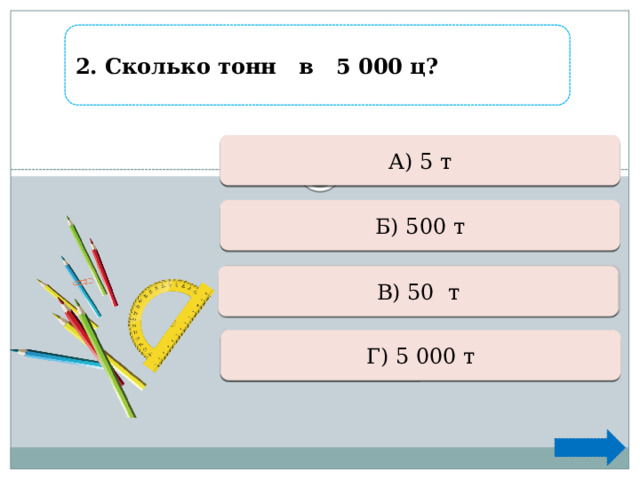 2. Сколько тонн в 5 000 ц? Ошибка А) 5 т  Верно  + 1 Б) 500 т  Ошибка В) 50 т  Ошибка Г) 5 000 т  